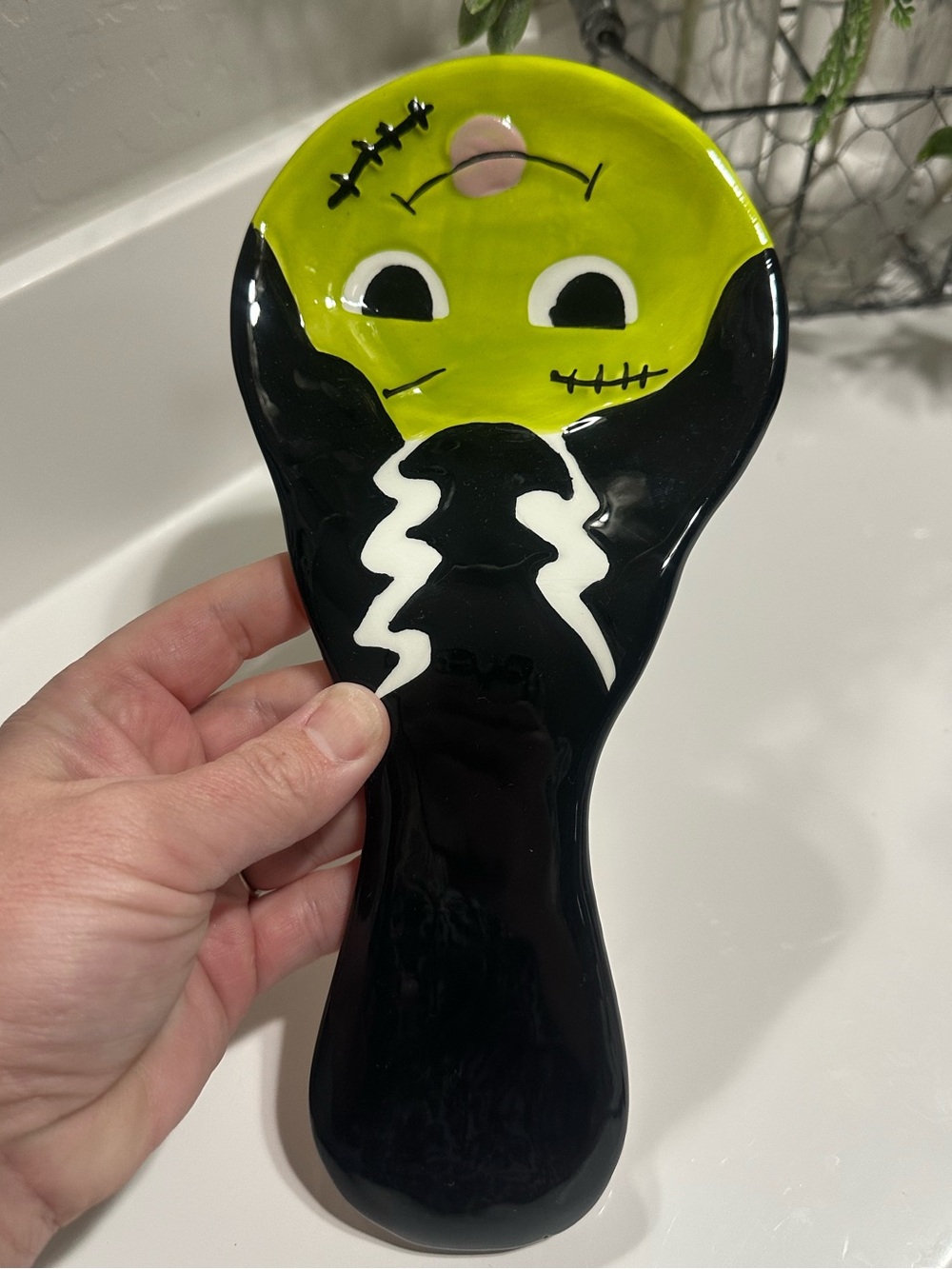 Blue Harbor Halloween Bride of Frankenstein Ceramic Spoon Rest Green Black - Picture 3 of 4
